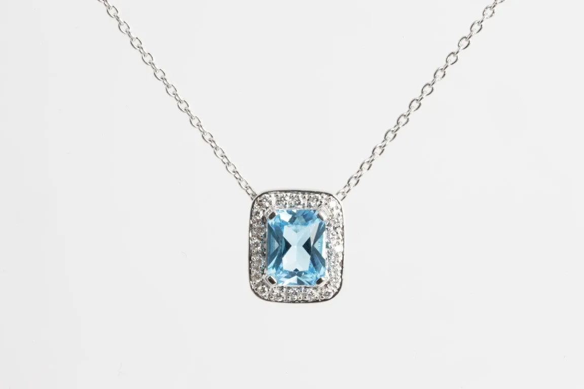 16'' 14k White Gold Blue Topaz & Diamond Emerald Cut Pendant Necklace