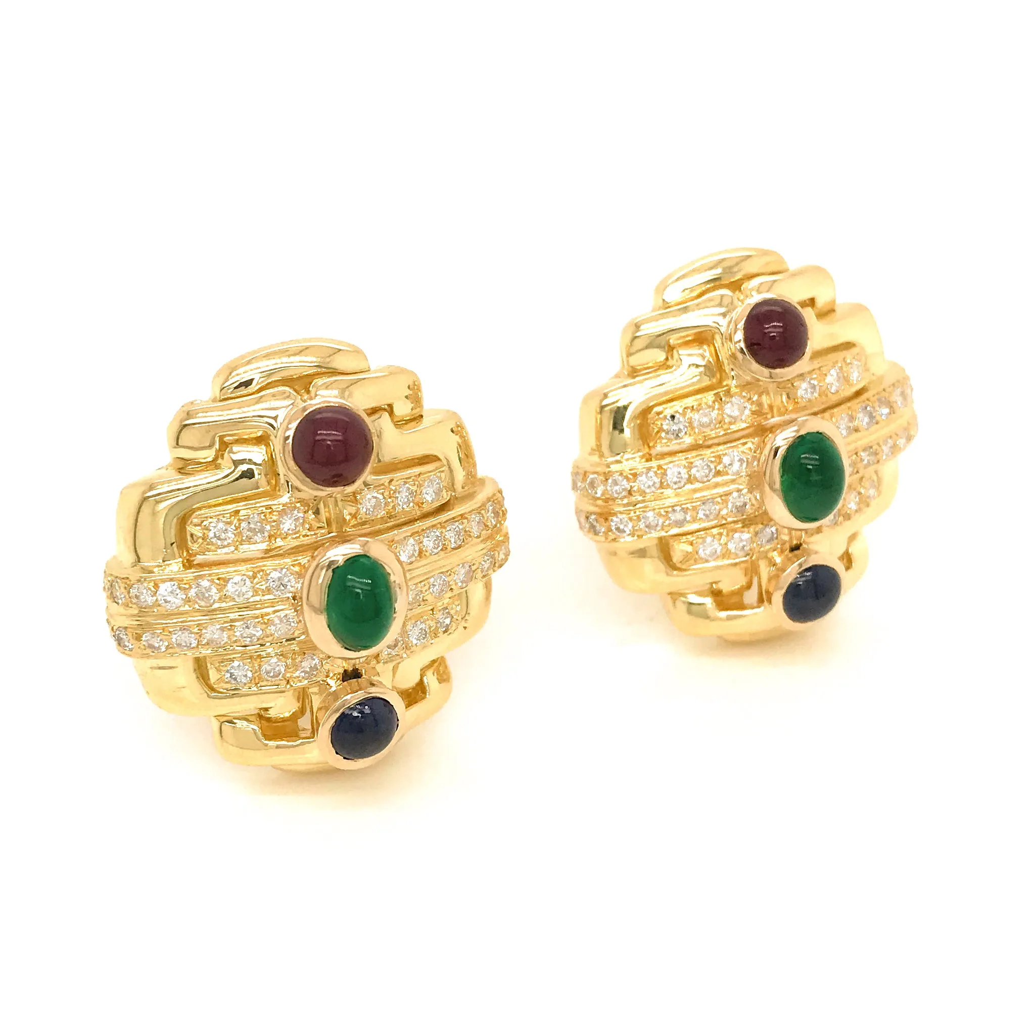 18k Gold Precious Stone and Diamond Earrings