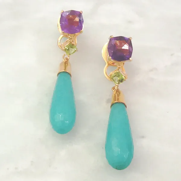 Amethyst Stud with Peridot & Amazonite Twinset Earrings