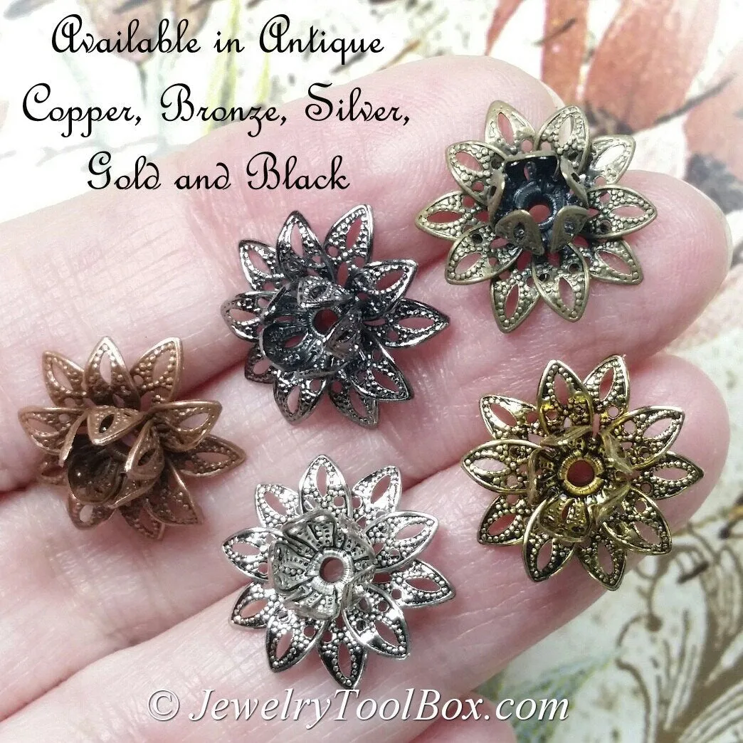 Antique Copper Filigree Flower Bead Caps, Multiple Layer, Bendable, Moldable, 2mm Hole, Lot Size 100, #2054 AC