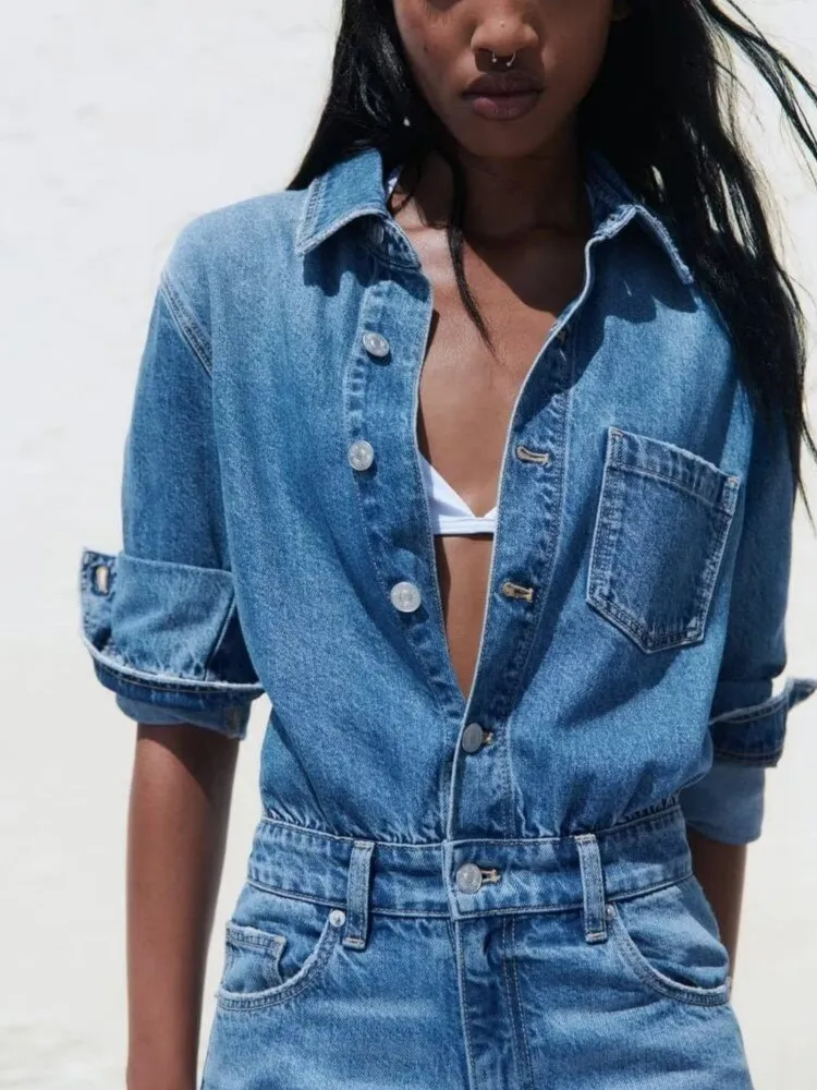 Ashore Shop Denim Jumpsuit 2023 Women Autumn Spring New Long Sleeve Solid Color Blue Straight Street Casual Pants Fashion Trend