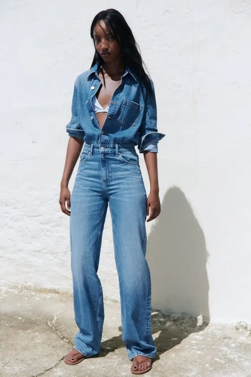 Ashore Shop Denim Jumpsuit 2023 Women Autumn Spring New Long Sleeve Solid Color Blue Straight Street Casual Pants Fashion Trend