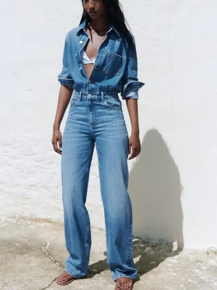 Ashore Shop Denim Jumpsuit 2023 Women Autumn Spring New Long Sleeve Solid Color Blue Straight Street Casual Pants Fashion Trend