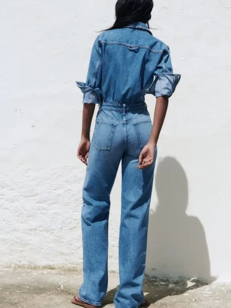 Ashore Shop Denim Jumpsuit 2023 Women Autumn Spring New Long Sleeve Solid Color Blue Straight Street Casual Pants Fashion Trend