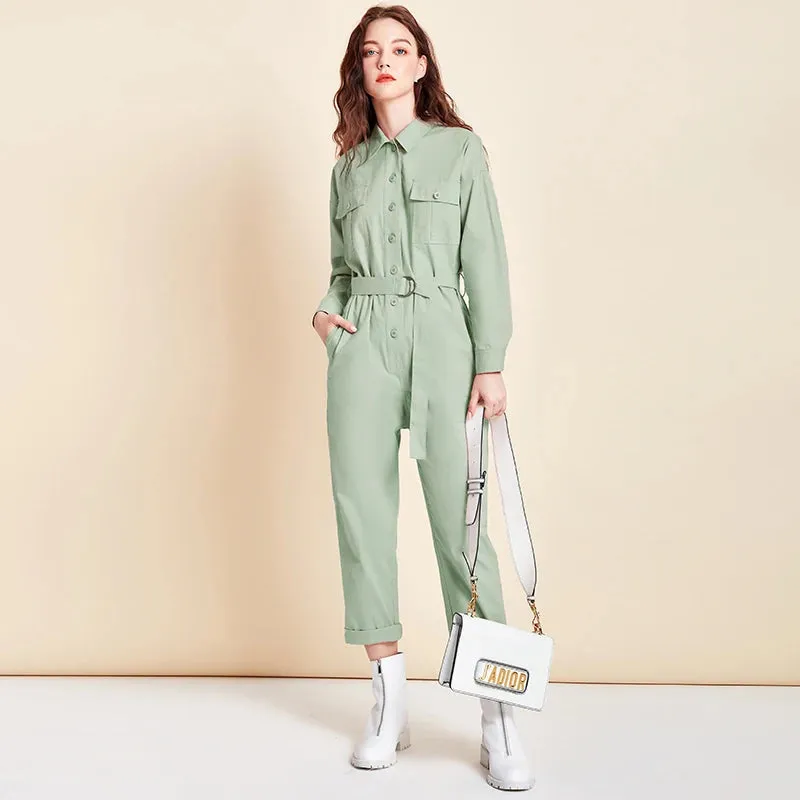 Ashore Shop New Women Jumpsuit 100% Cotton Fashion High Waist Button Jumpsuit with Belt