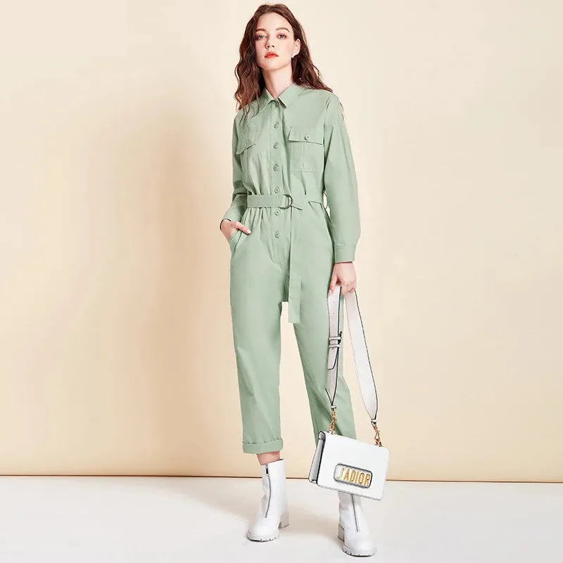 Ashore Shop New Women Jumpsuit 100% Cotton Fashion High Waist Button Jumpsuit with Belt