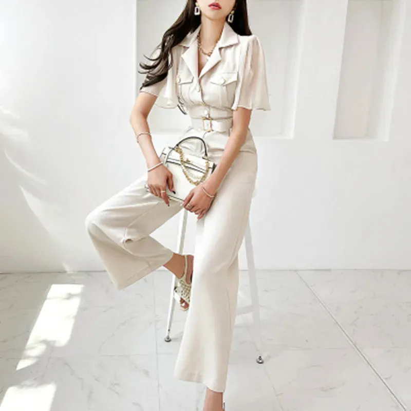 Ashore Shop Slim Waist Summer Jumpsuits  Short Sleeves Pocket Wide Leg