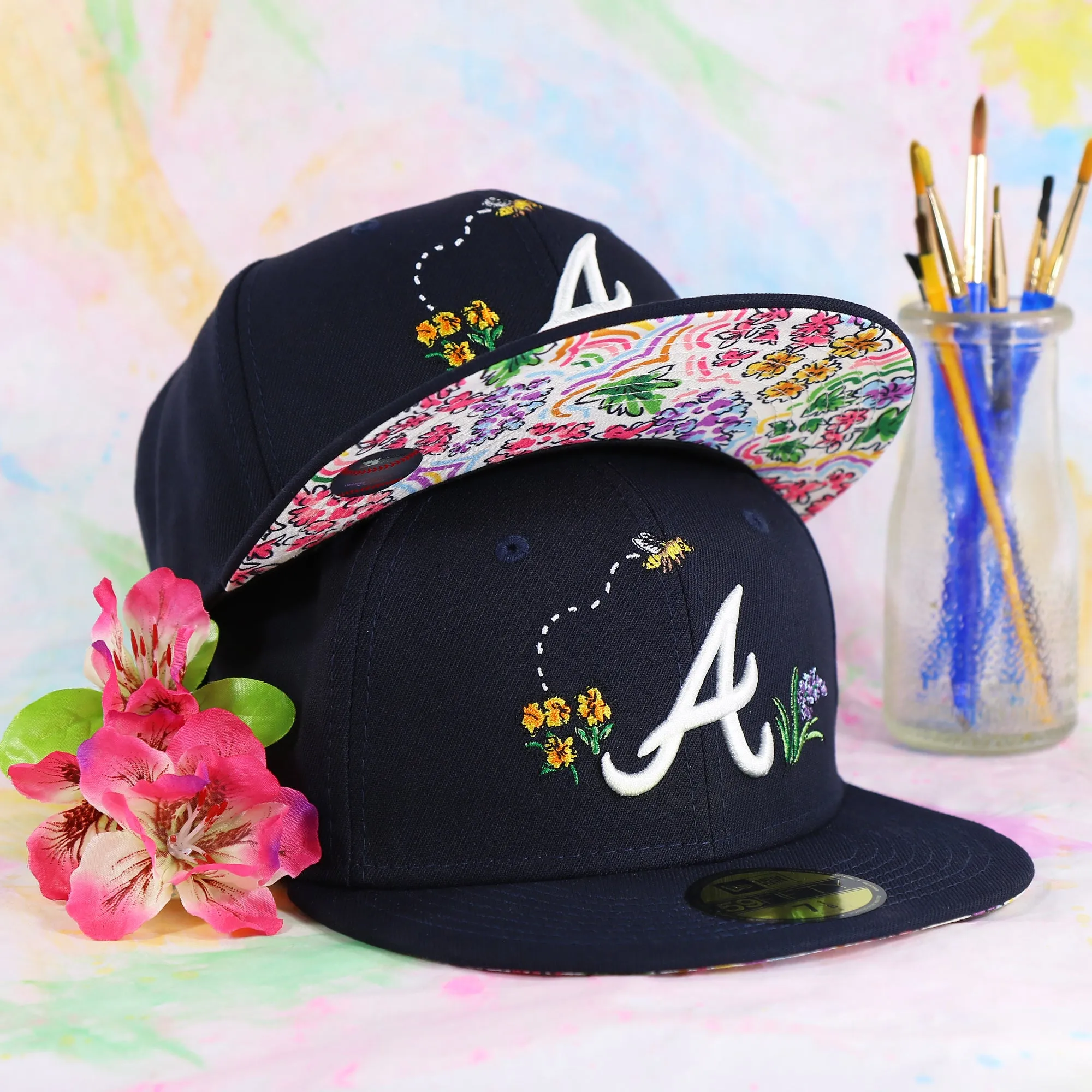 Atlanta Braves Floral Print Undervisor Spring Embroidery 59Fifty Fitted Cap | Navy Blue 59Fifty Cap