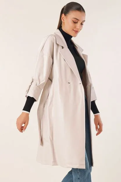 Belted Faux Leather Trench Coat