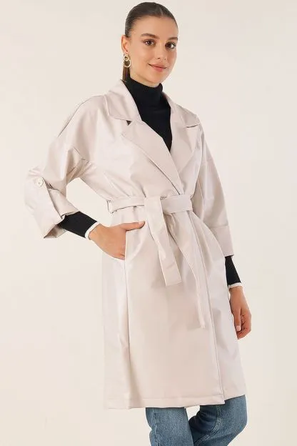 Belted Faux Leather Trench Coat