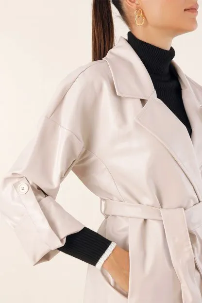 Belted Faux Leather Trench Coat