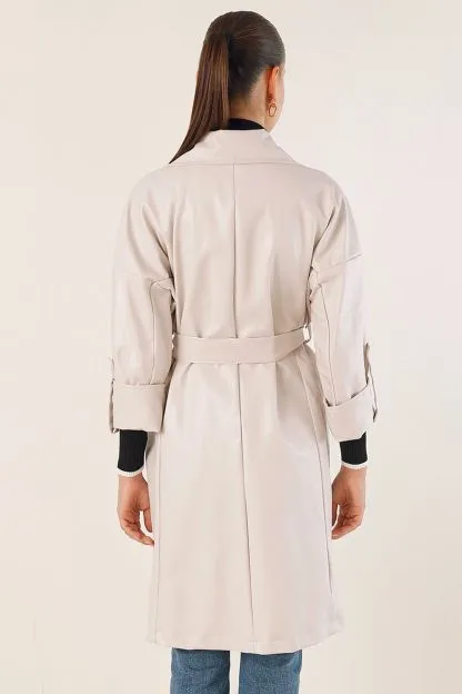 Belted Faux Leather Trench Coat