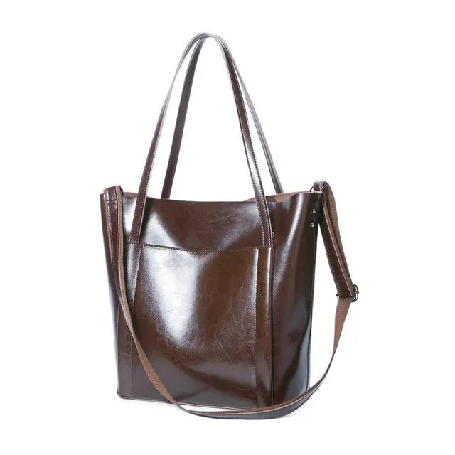 Big Genuine Leather Versatile Tote Shoulder Bag with Zipper for Women