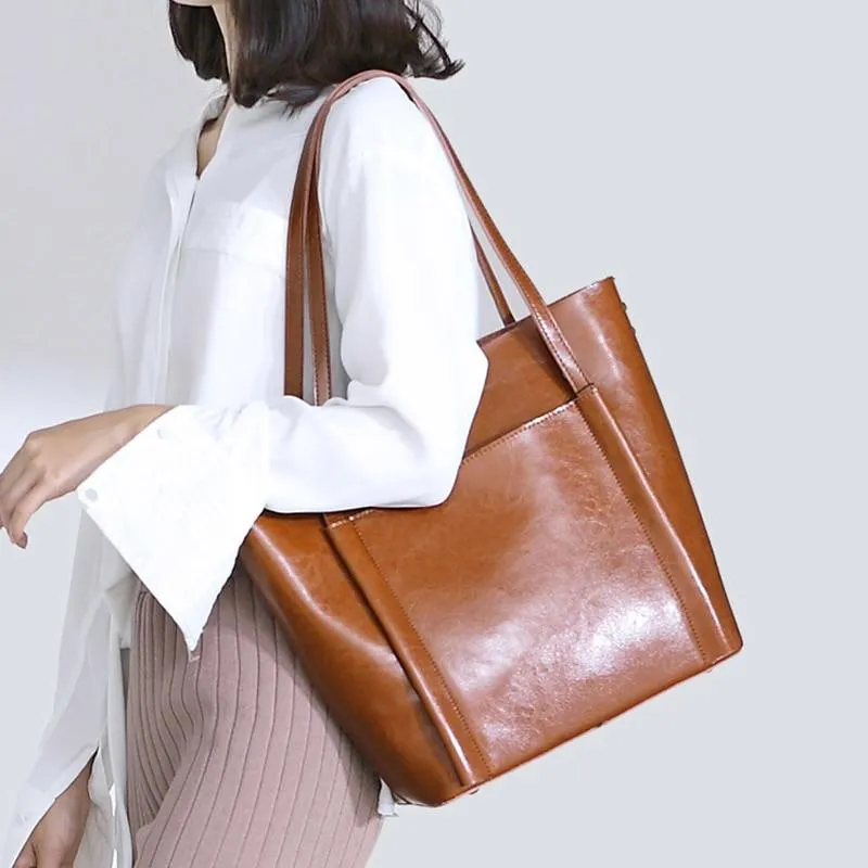 Big Genuine Leather Versatile Tote Shoulder Bag with Zipper for Women