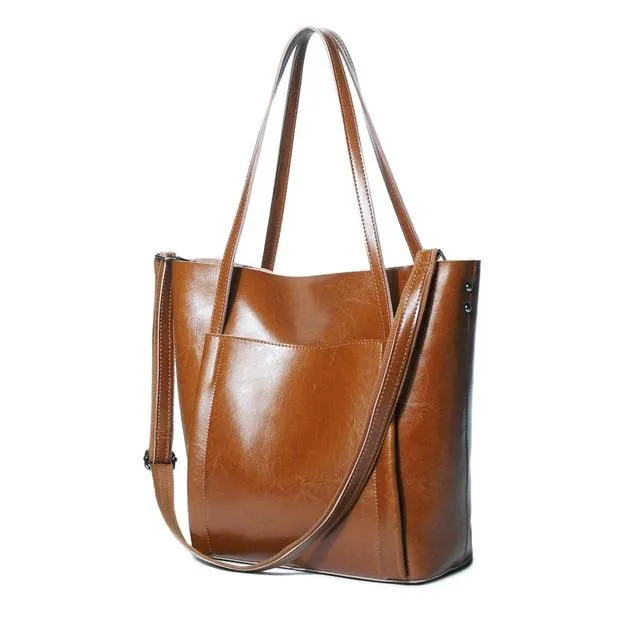 Big Genuine Leather Versatile Tote Shoulder Bag with Zipper for Women