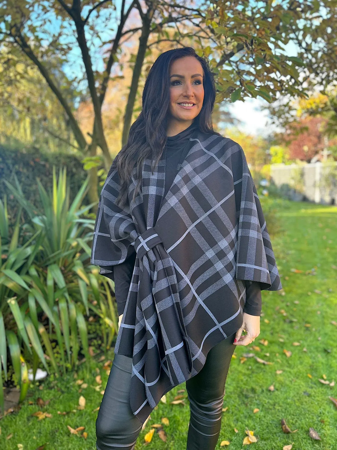 Black Check Wrap Over Cape Mia