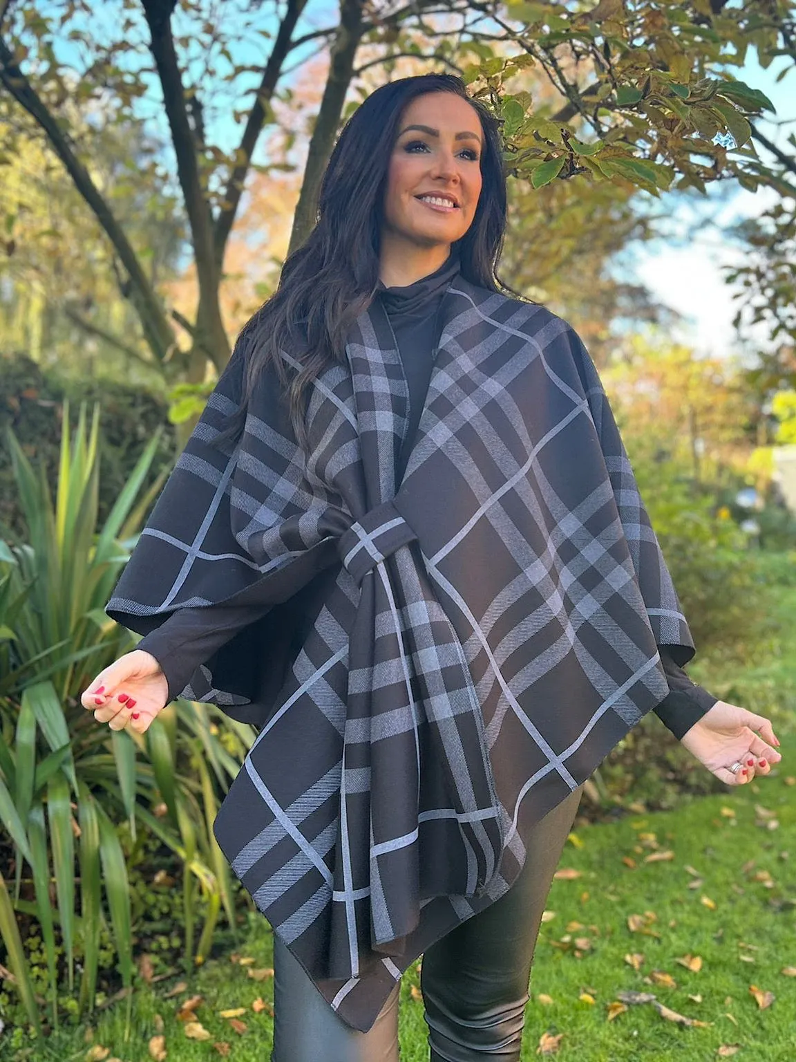 Black Check Wrap Over Cape Mia