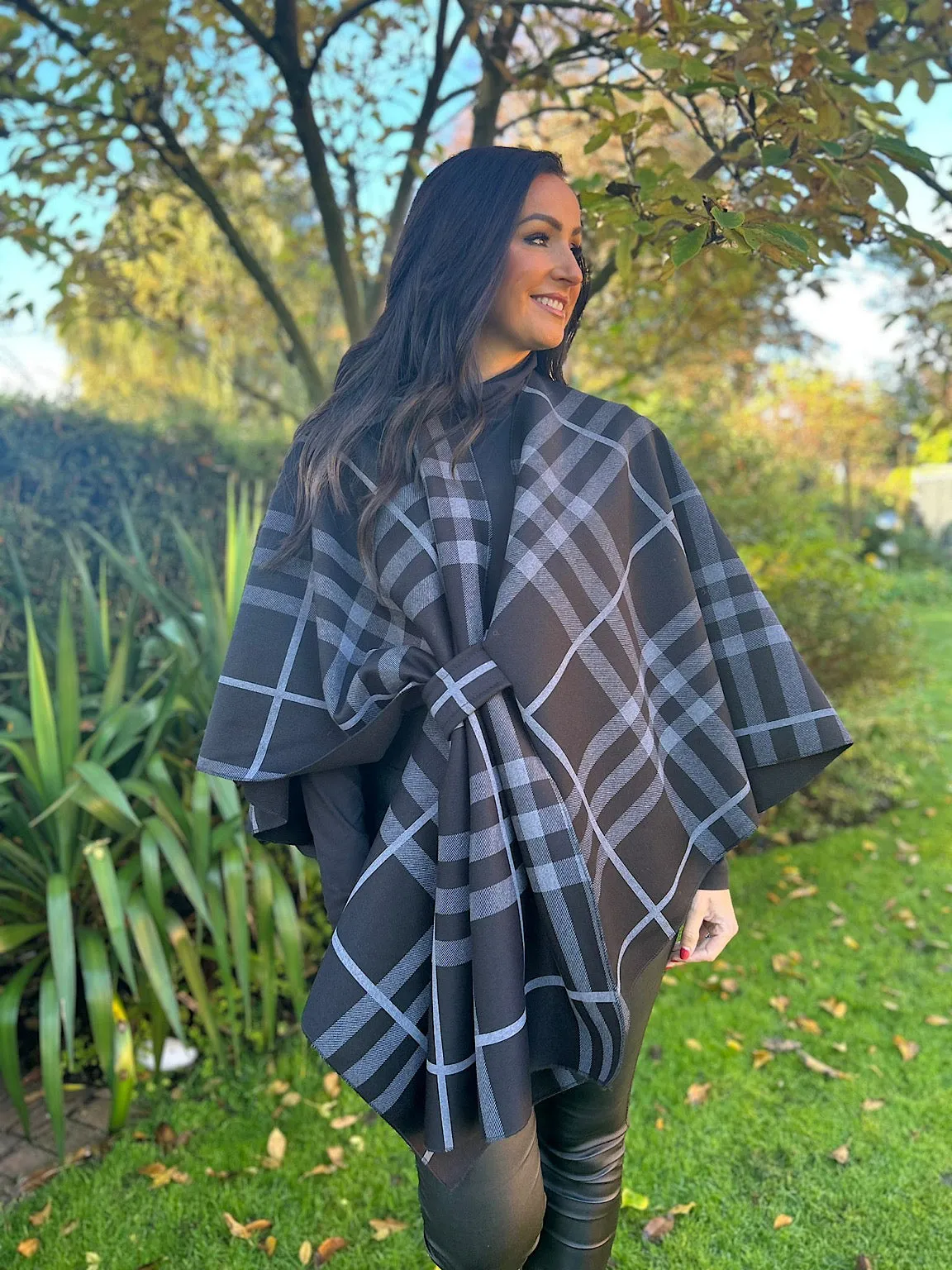 Black Check Wrap Over Cape Mia