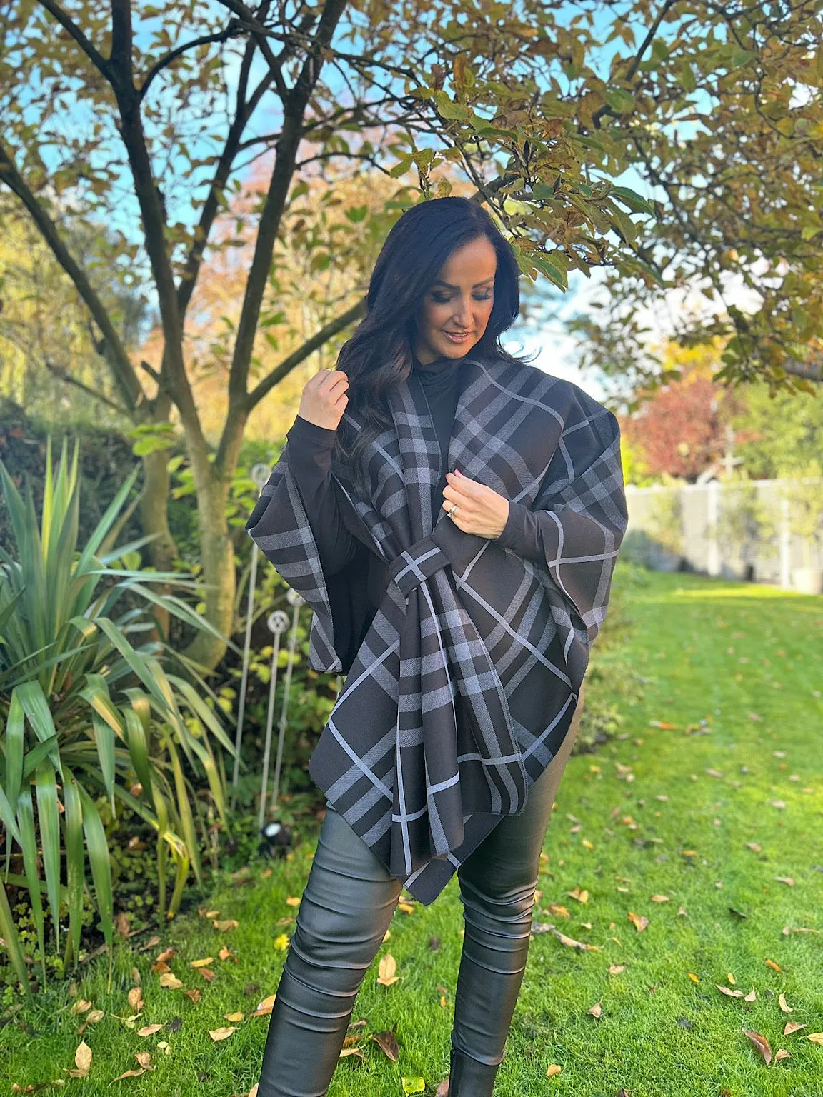 Black Check Wrap Over Cape Mia