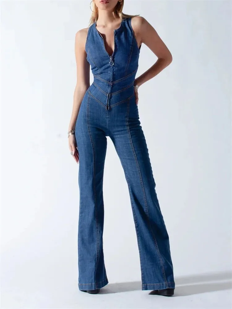 Blue Backless Heart Cutout Bodycon Jumpsuit For Women Summer Sleeveless Slim One-Piece Outfits Retro Denim Jumpsuits 2023