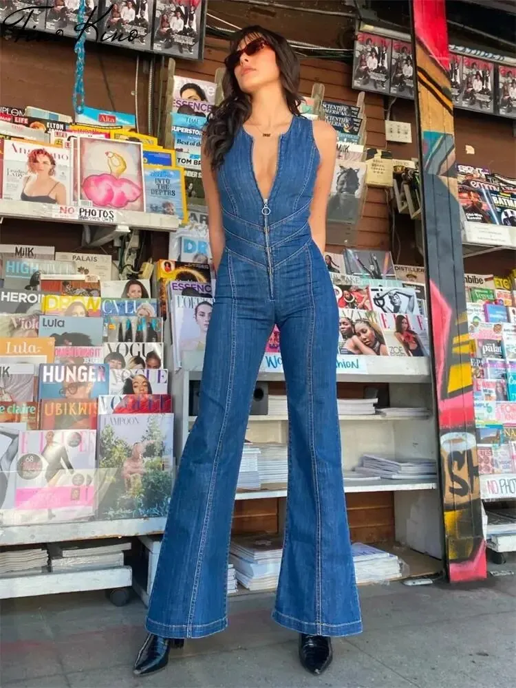 Blue Backless Heart Cutout Bodycon Jumpsuit For Women Summer Sleeveless Slim One-Piece Outfits Retro Denim Jumpsuits 2023