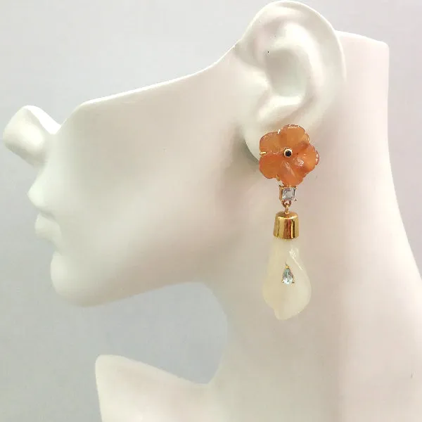 Blue Sapphire on a Carved Carnelian Flower Stud with Blue Topaz and Blue Topaz on Calla Lily Celadon Jade Detachable Twinset Ear