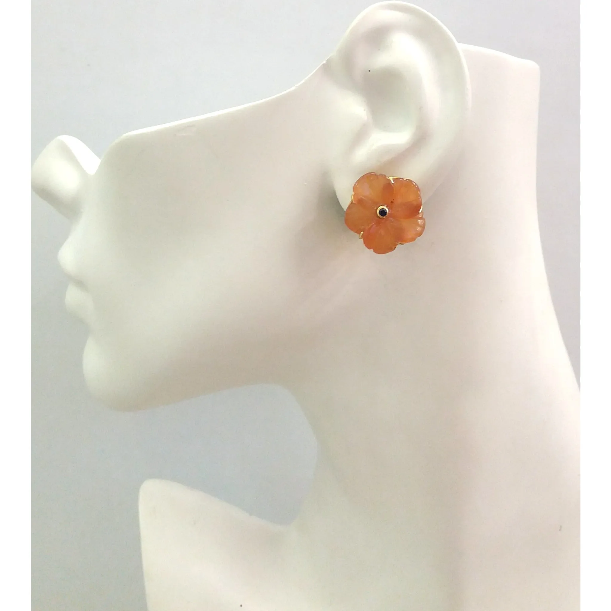 Blue Sapphire on a Carved Carnelian Flower Stud with Blue Topaz and Blue Topaz on Calla Lily Celadon Jade Detachable Twinset Ear