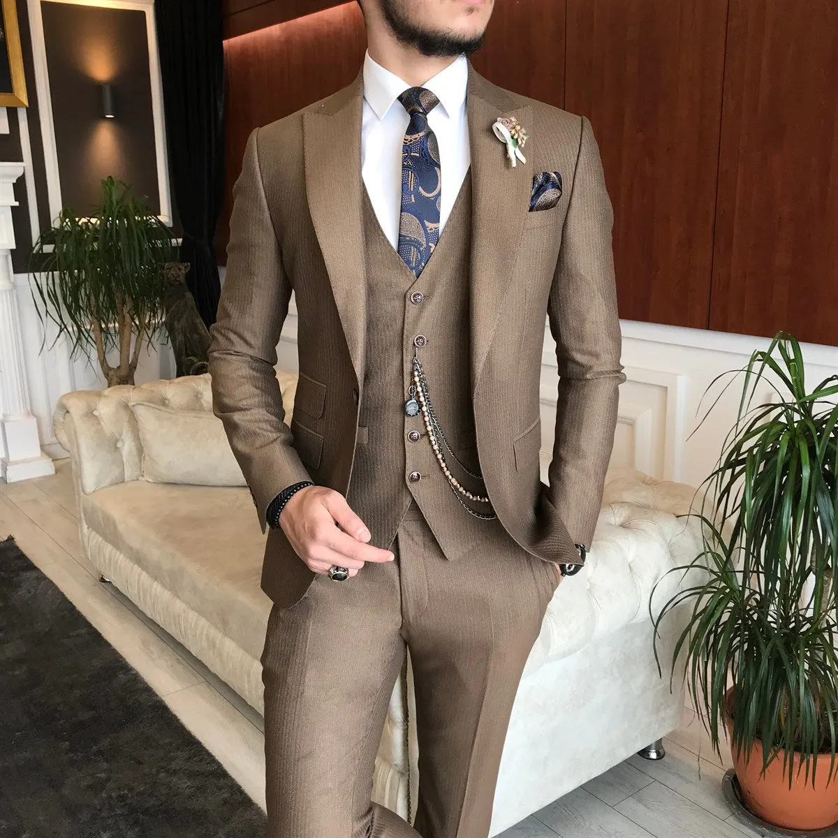 Bojoni Brown Striped Slim-Fit Suit 3-Piece