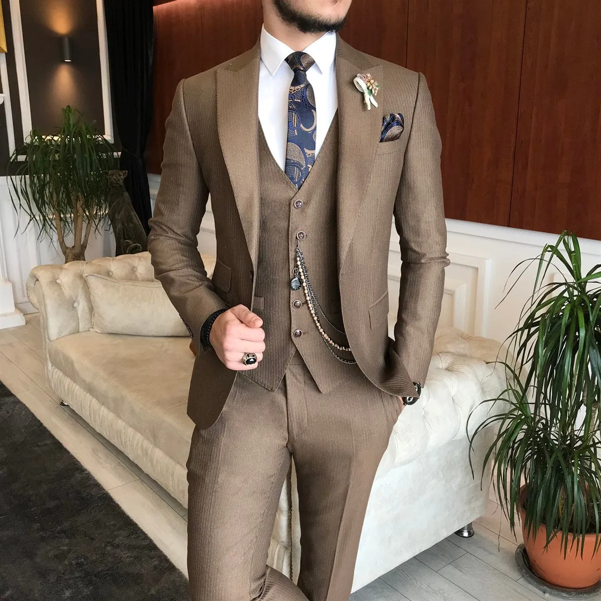 Bojoni Brown Striped Slim-Fit Suit 3-Piece