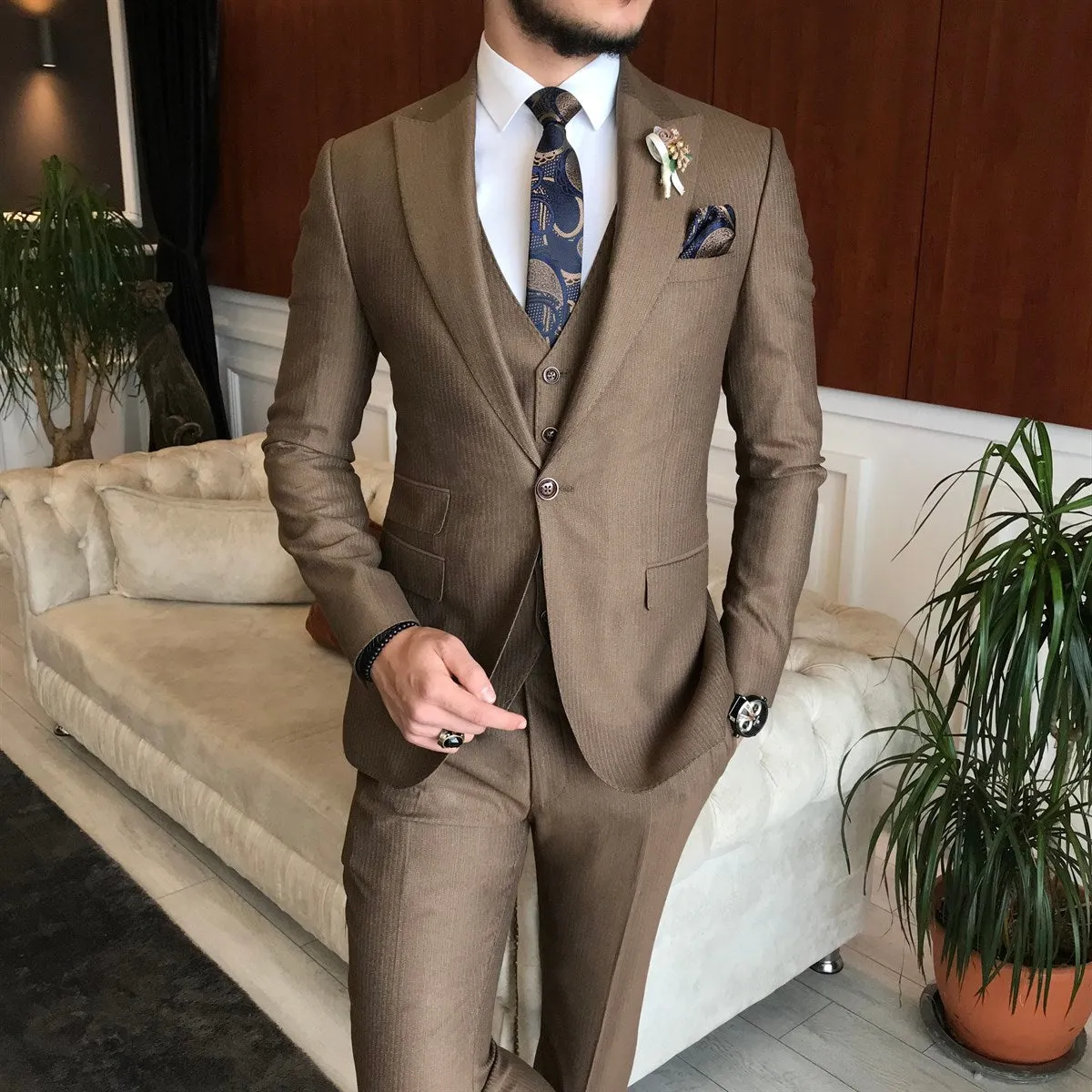 Bojoni Brown Striped Slim-Fit Suit 3-Piece