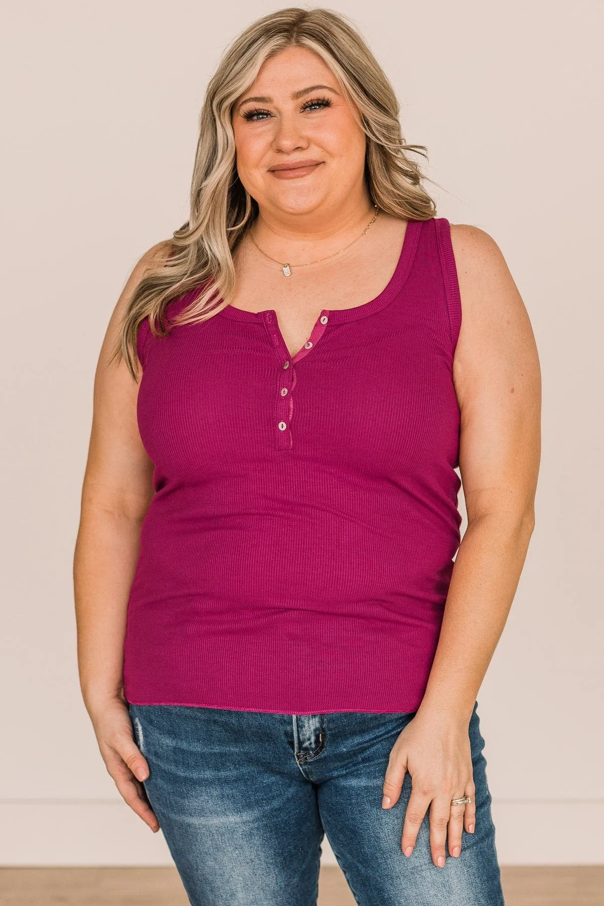 Bound To Be Beautiful Button Henley Tank Top- Magenta