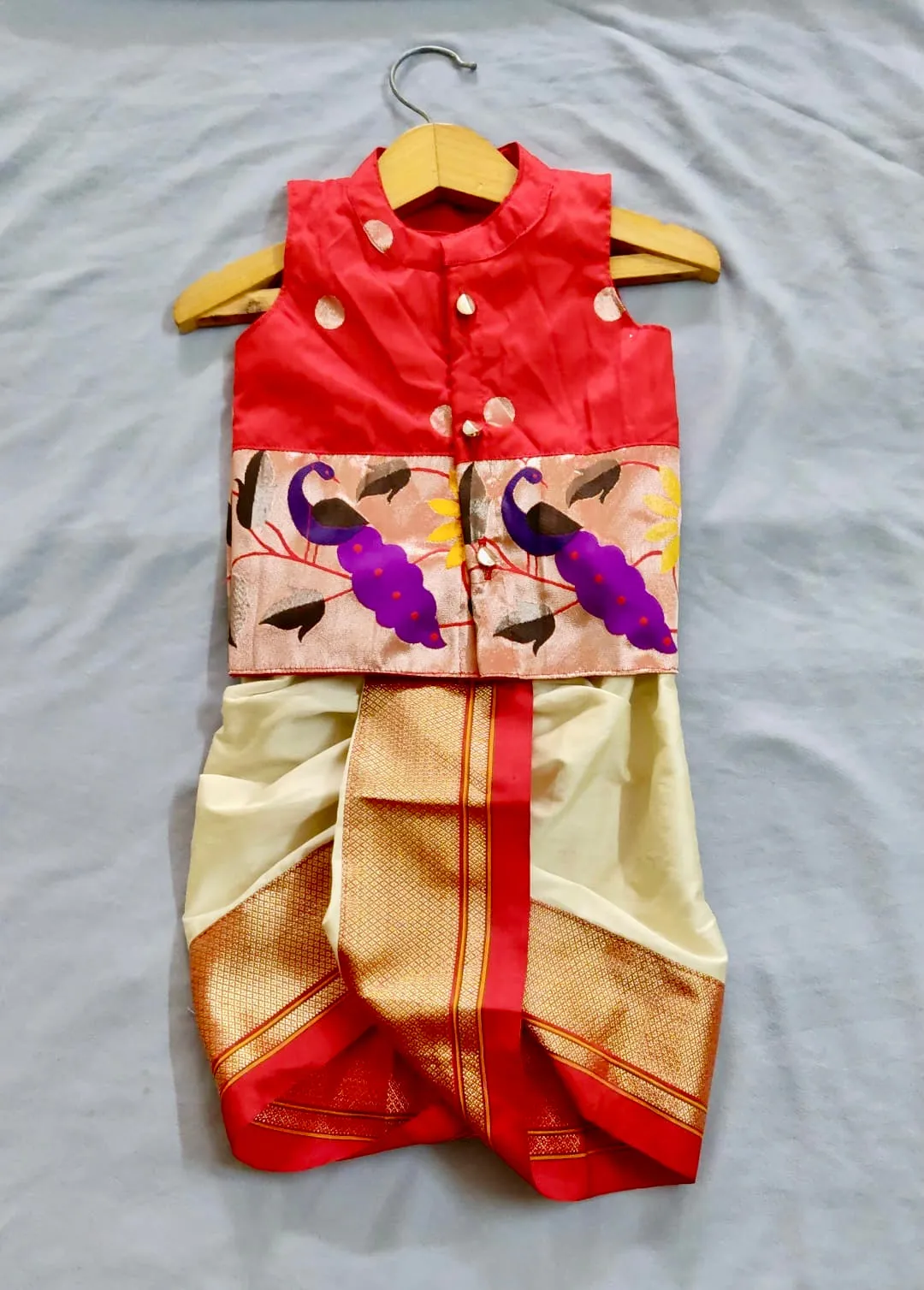 Boy's red premium cotton silk with peacock border dhoti and premium paithani jacket