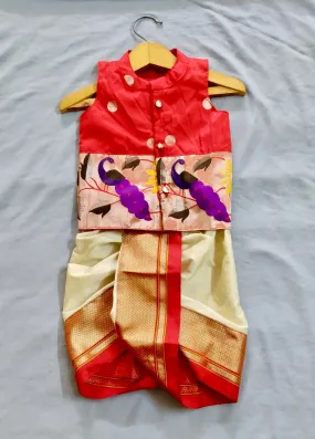 Boy's red premium cotton silk with peacock border dhoti and premium paithani jacket