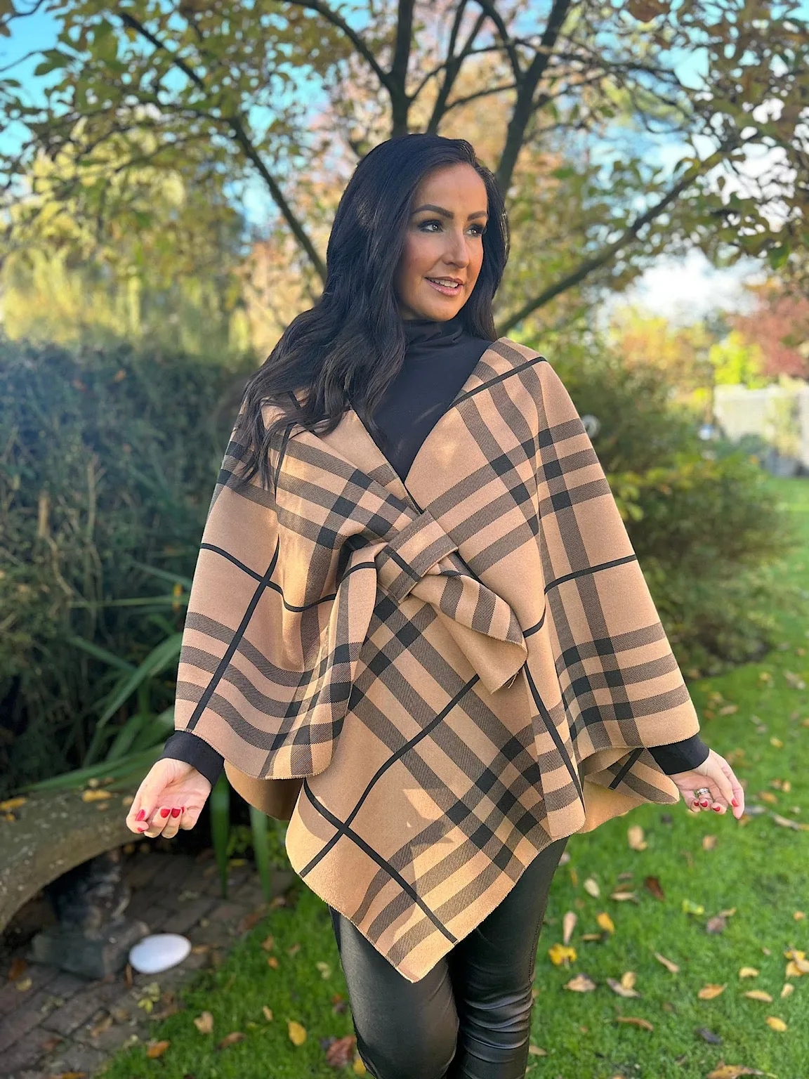 Camel Check Wrap Over Cape Mia