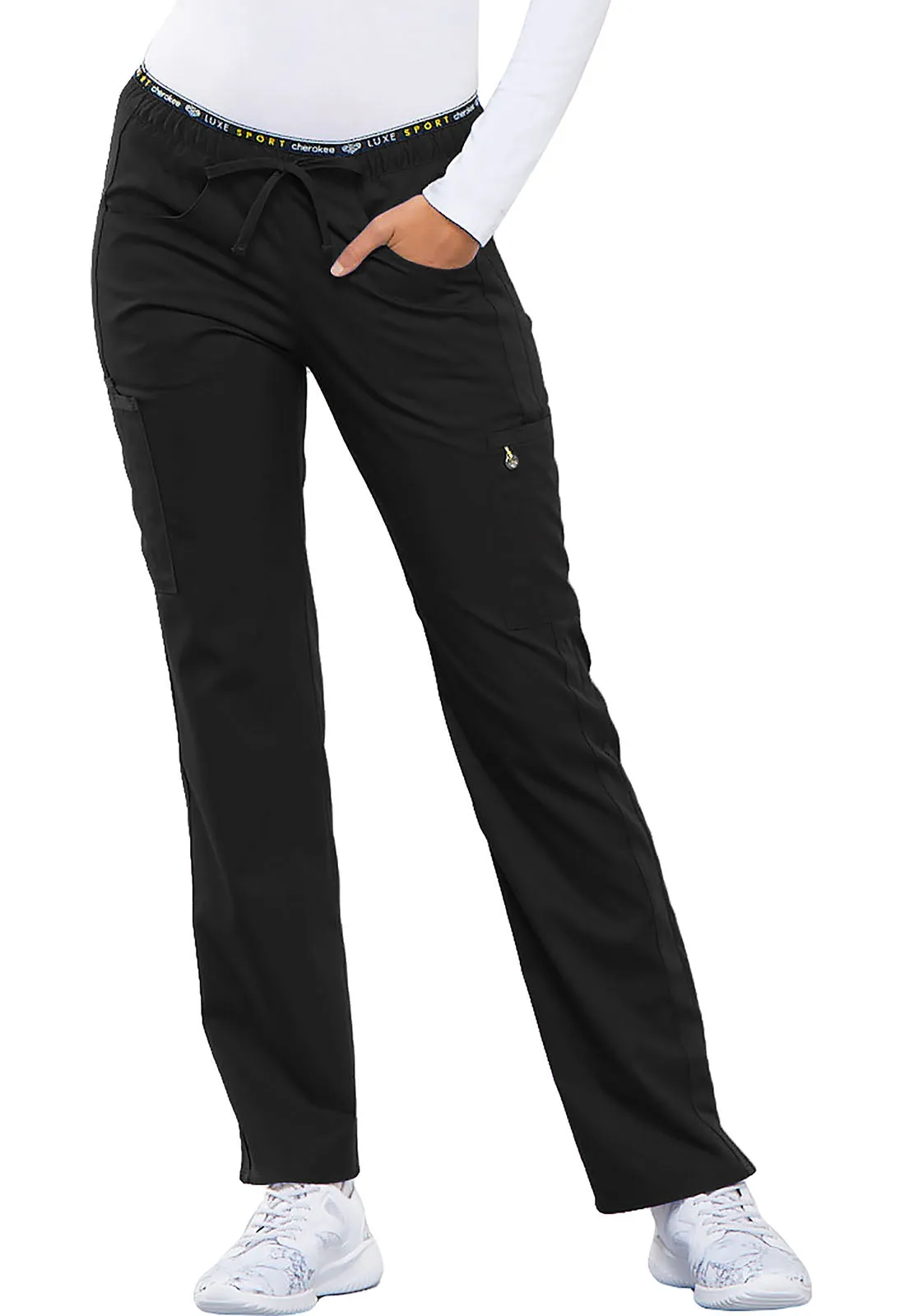 Cherokee Luxe Sport Mid Rise Straight Leg Pull-on Pant in Black SMALL