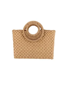 Circle Handle Square Straw Braided Bag, Khaki