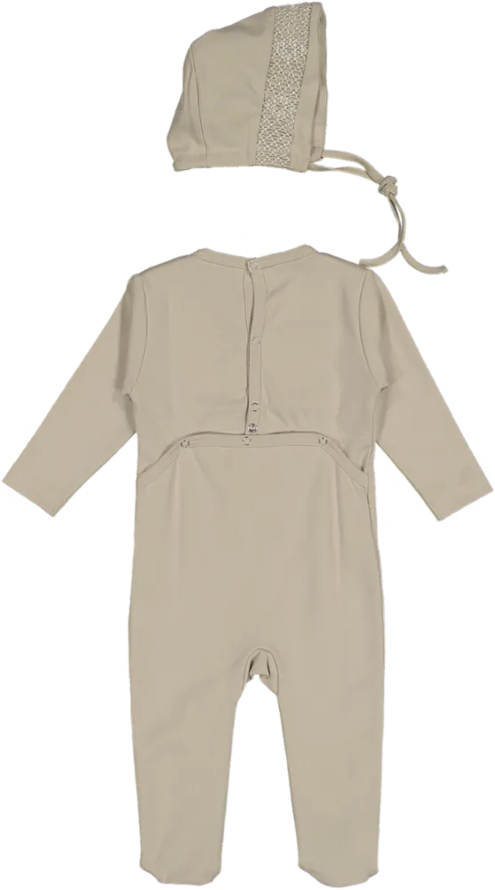 CJ30020-FOOTIE/BONNET SET-Oatmeal/Smock