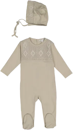 CJ30020-FOOTIE/BONNET SET-Oatmeal/Smock