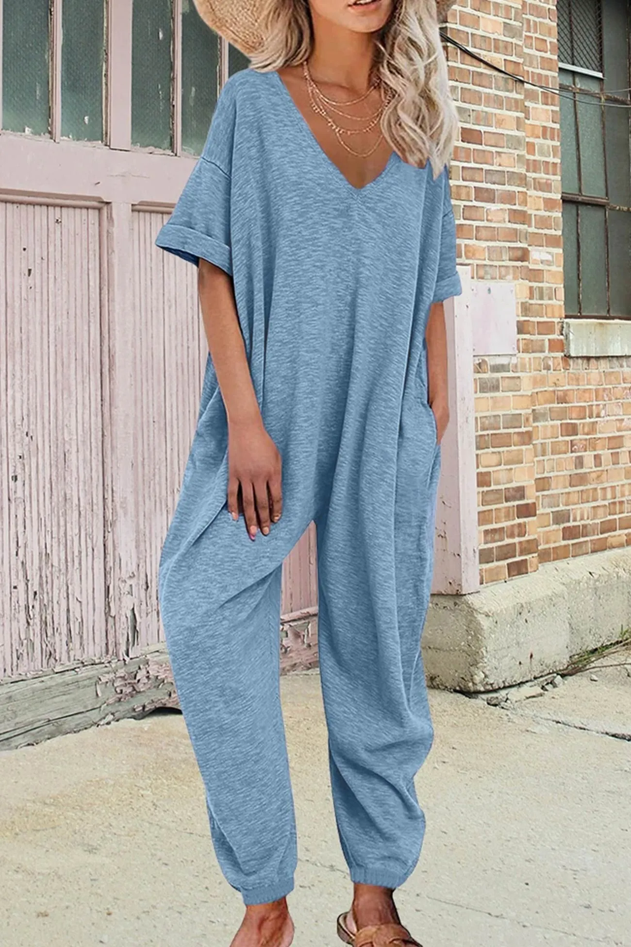 Cotton Solid V Neck Loose Jumpsuits