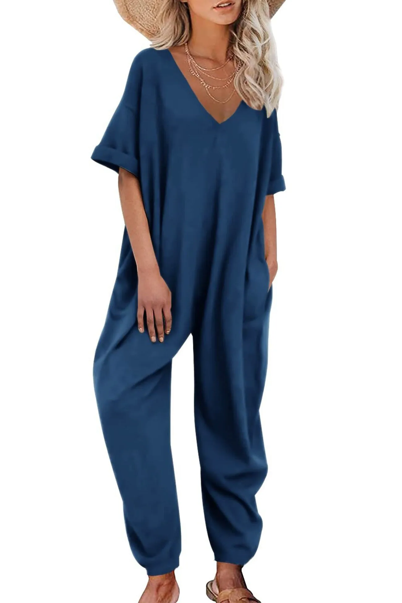 Cotton Solid V Neck Loose Jumpsuits