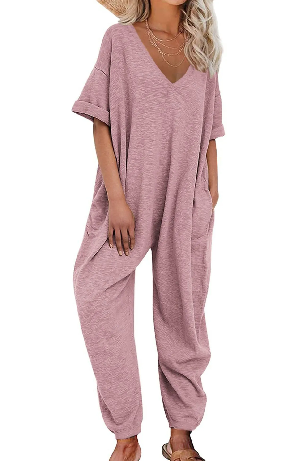 Cotton Solid V Neck Loose Jumpsuits