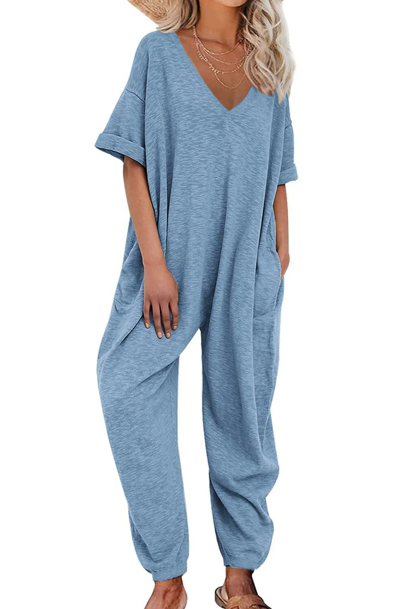 Cotton Solid V Neck Loose Jumpsuits