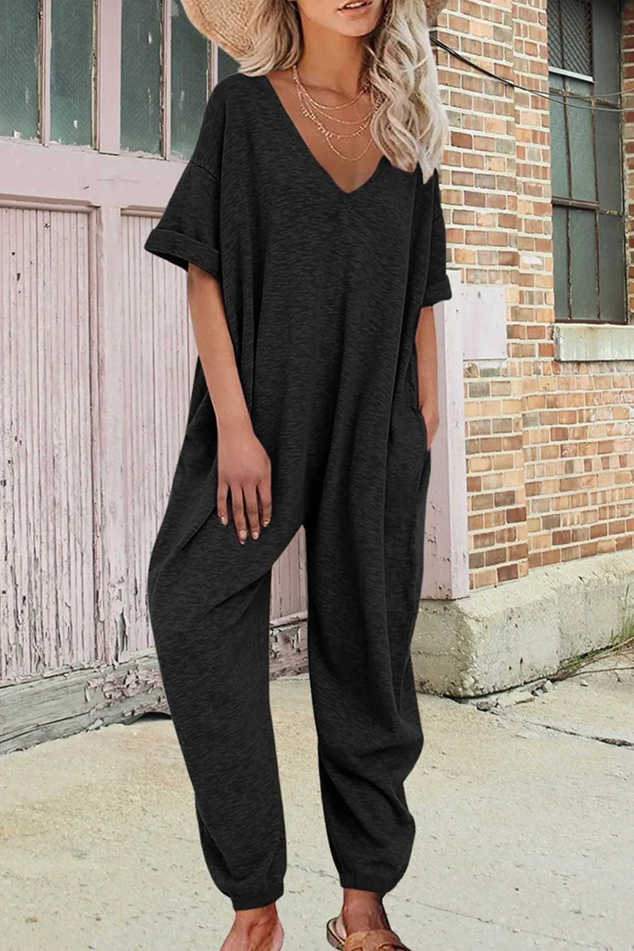 Cotton Solid V Neck Loose Jumpsuits