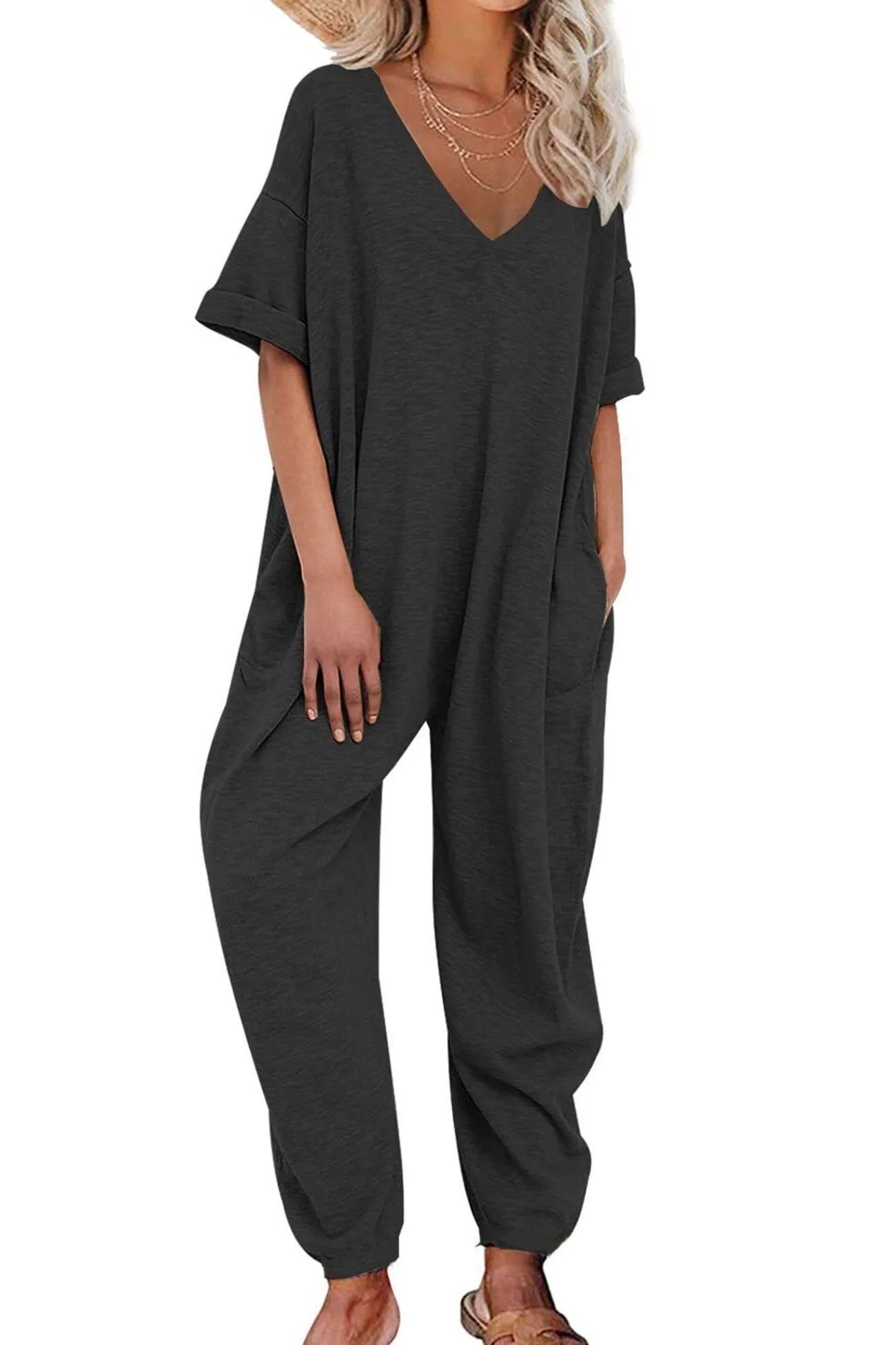 Cotton Solid V Neck Loose Jumpsuits