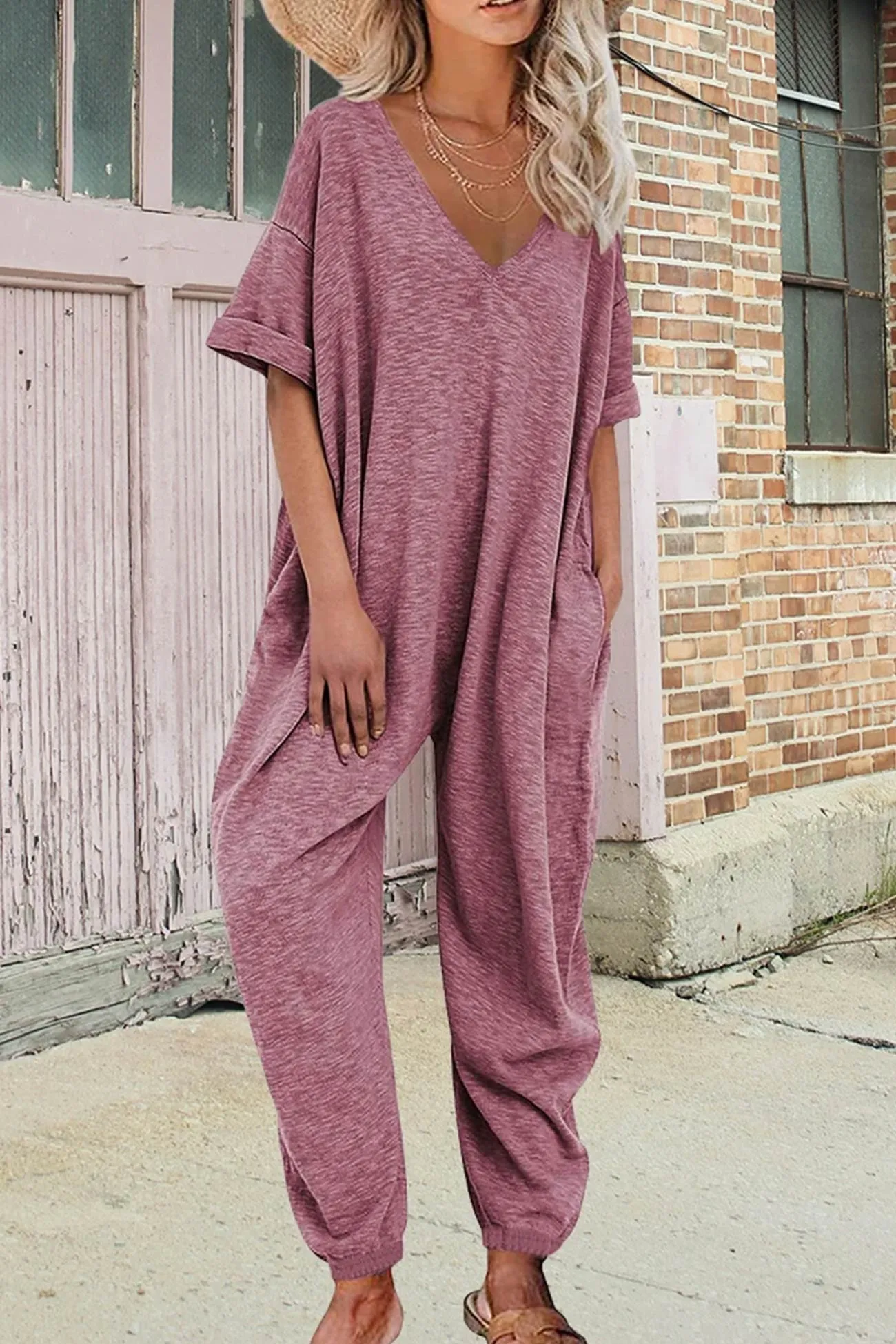 Cotton Solid V Neck Loose Jumpsuits