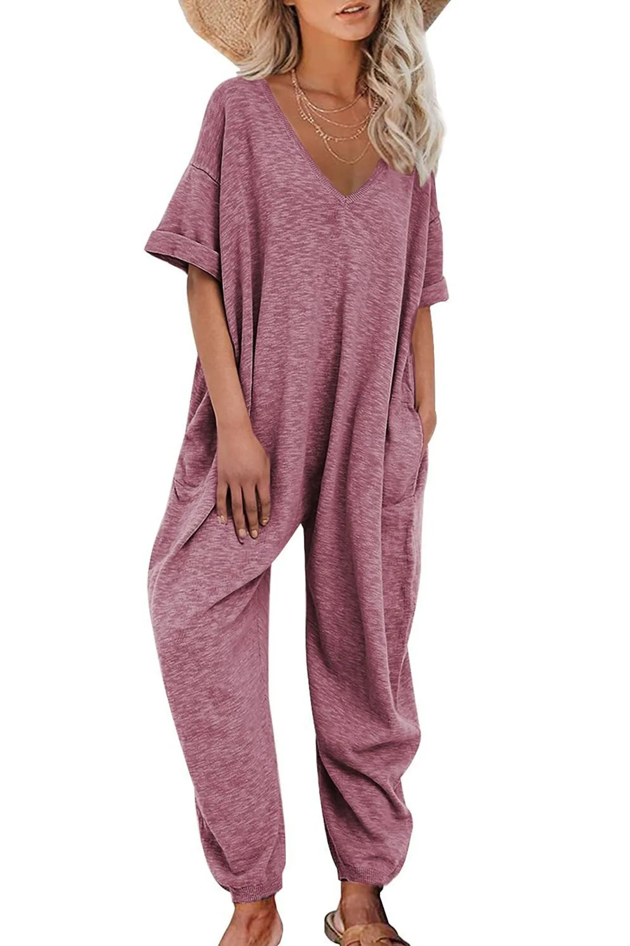 Cotton Solid V Neck Loose Jumpsuits