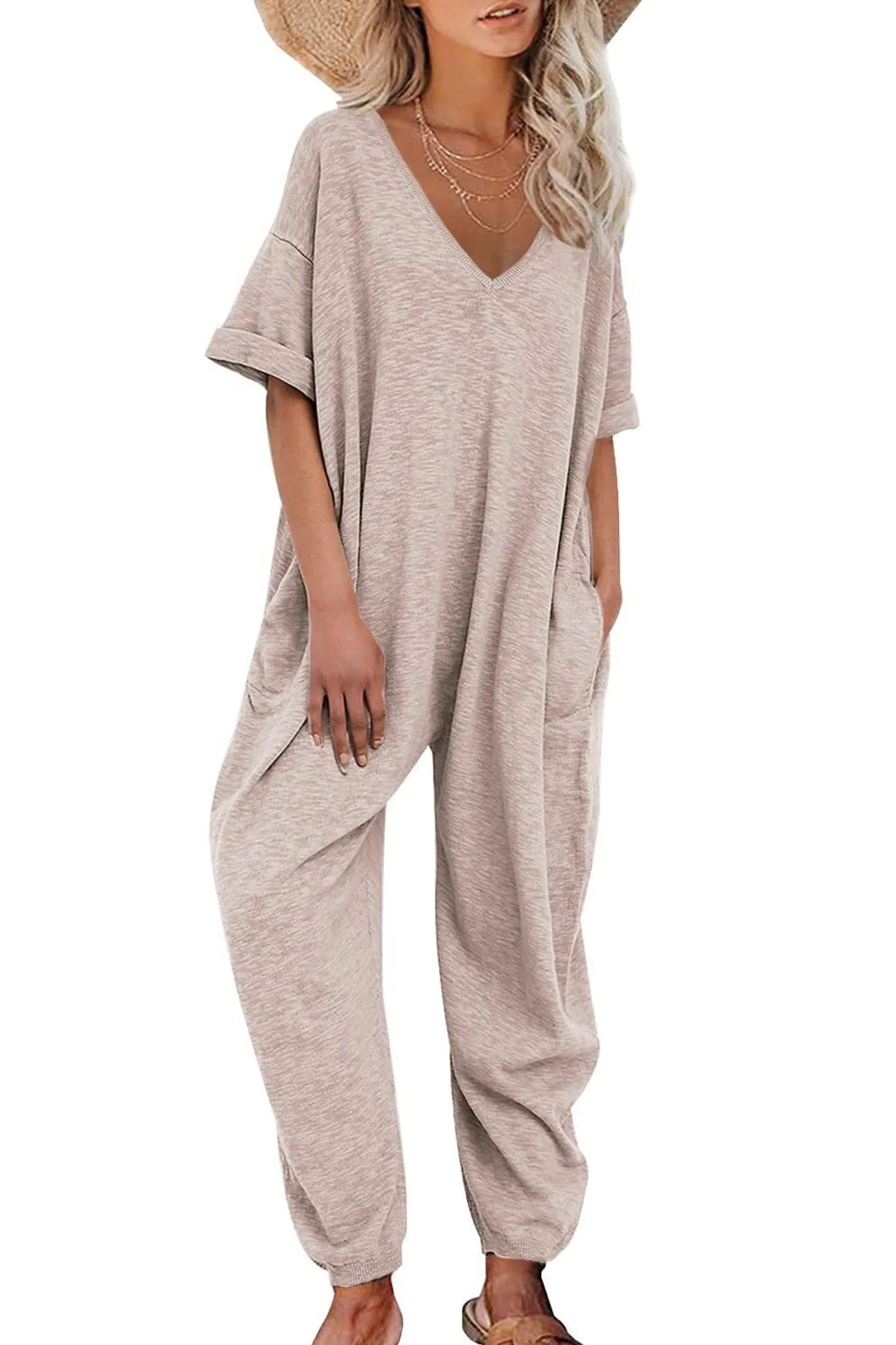 Cotton Solid V Neck Loose Jumpsuits