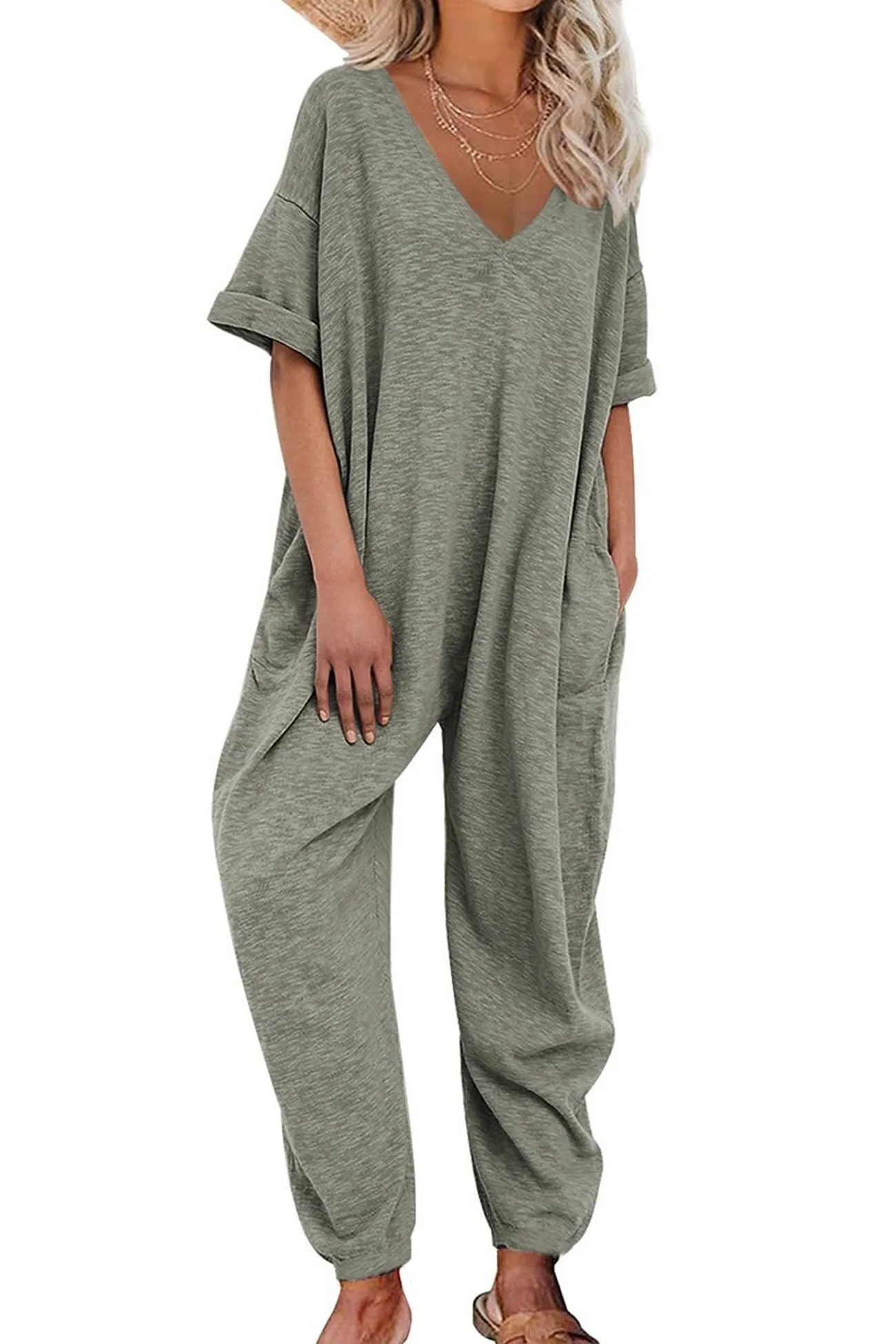 Cotton Solid V Neck Loose Jumpsuits