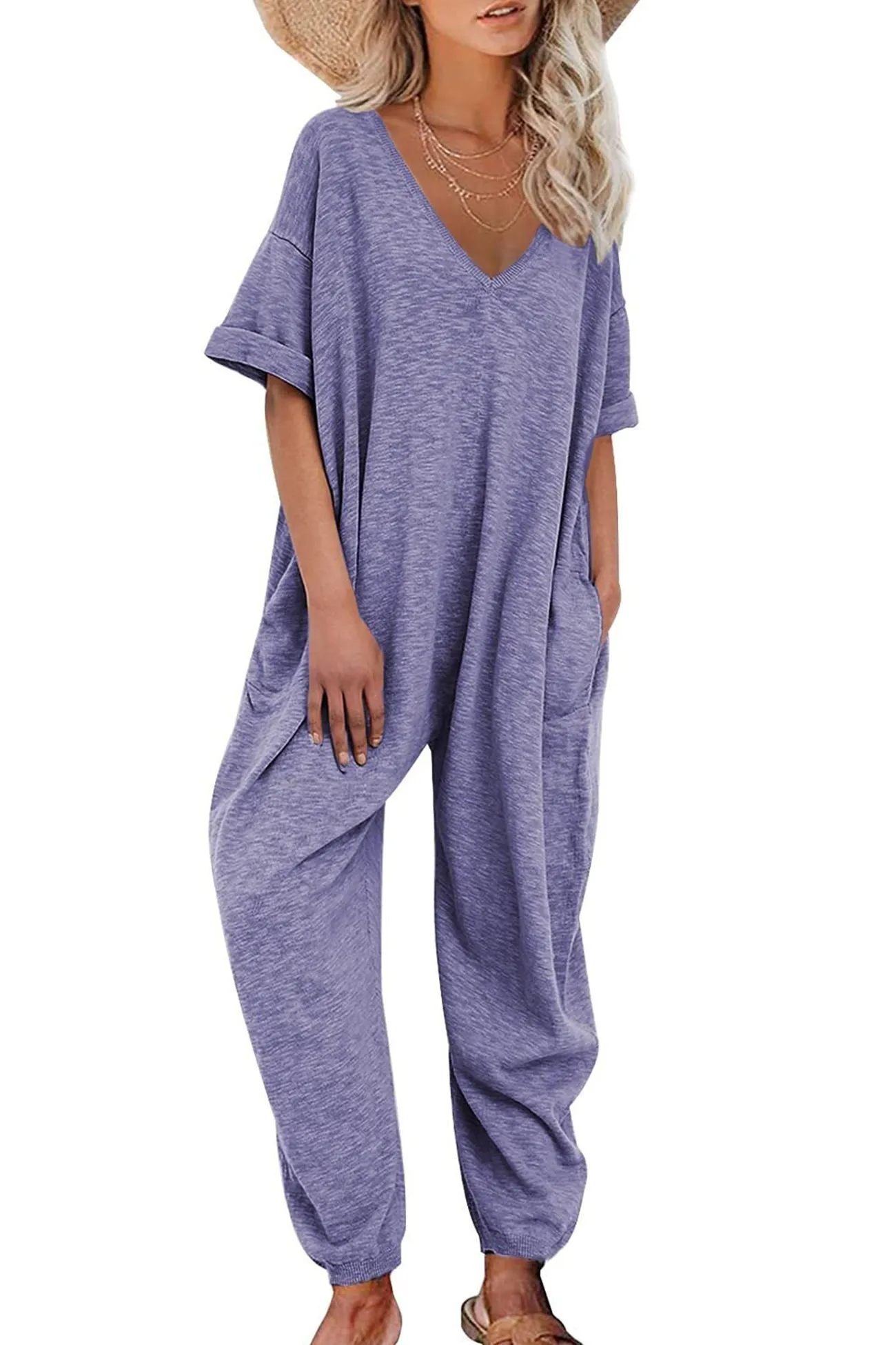 Cotton Solid V Neck Loose Jumpsuits