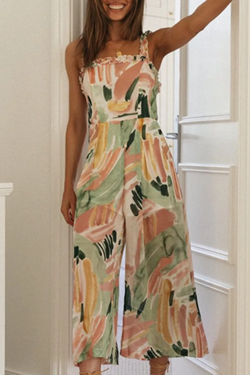 Elegant Print Flounce Spaghetti Strap Loose Jumpsuits